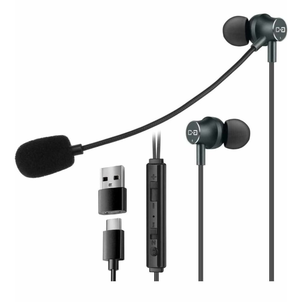 3-in-1 Mini Computer Headset USB Earbuds with Boom Mic USB-C and USB-A Connect